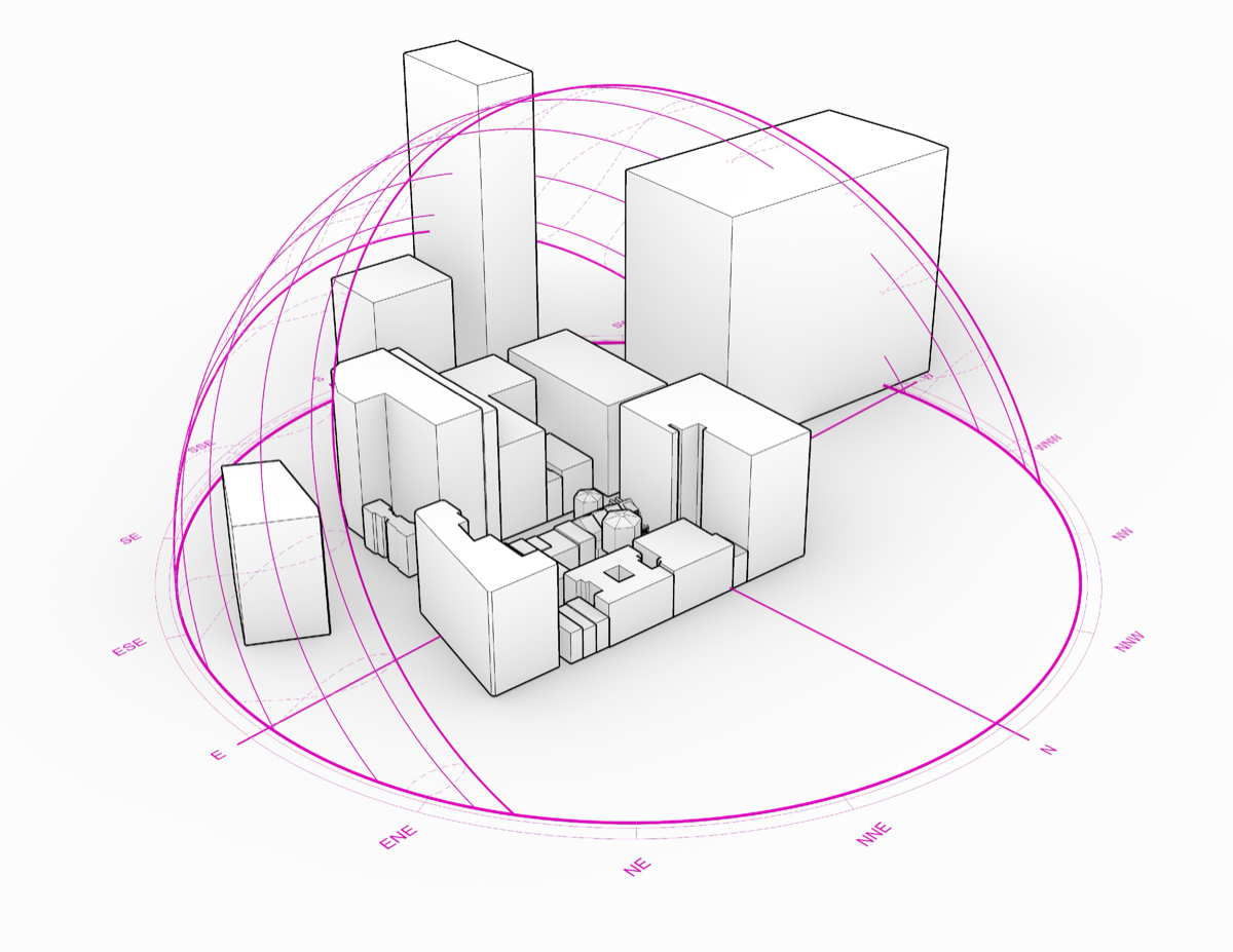 Axonometric sun-path diagram showing surrounding shading obstructions.
